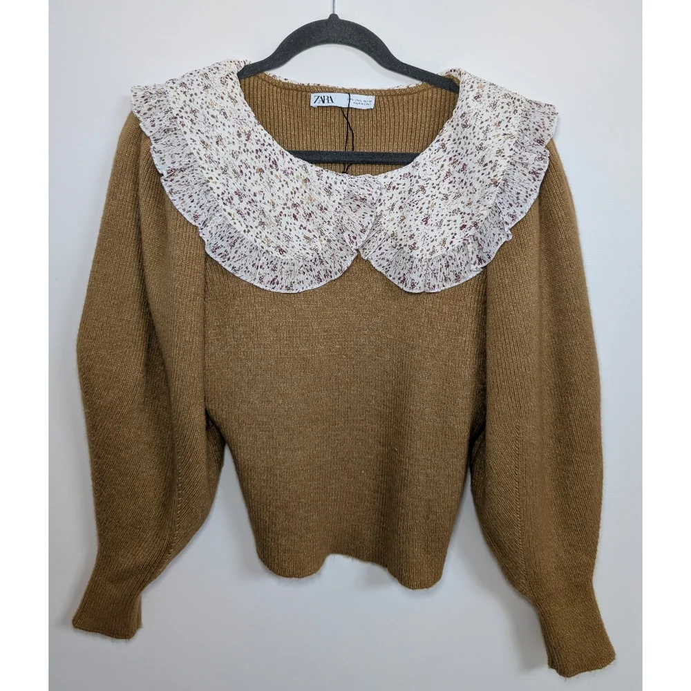 ZARA Tobacco Brown knit sweater with contrasting print ruffle collar Size L - Picture 6 of 12
